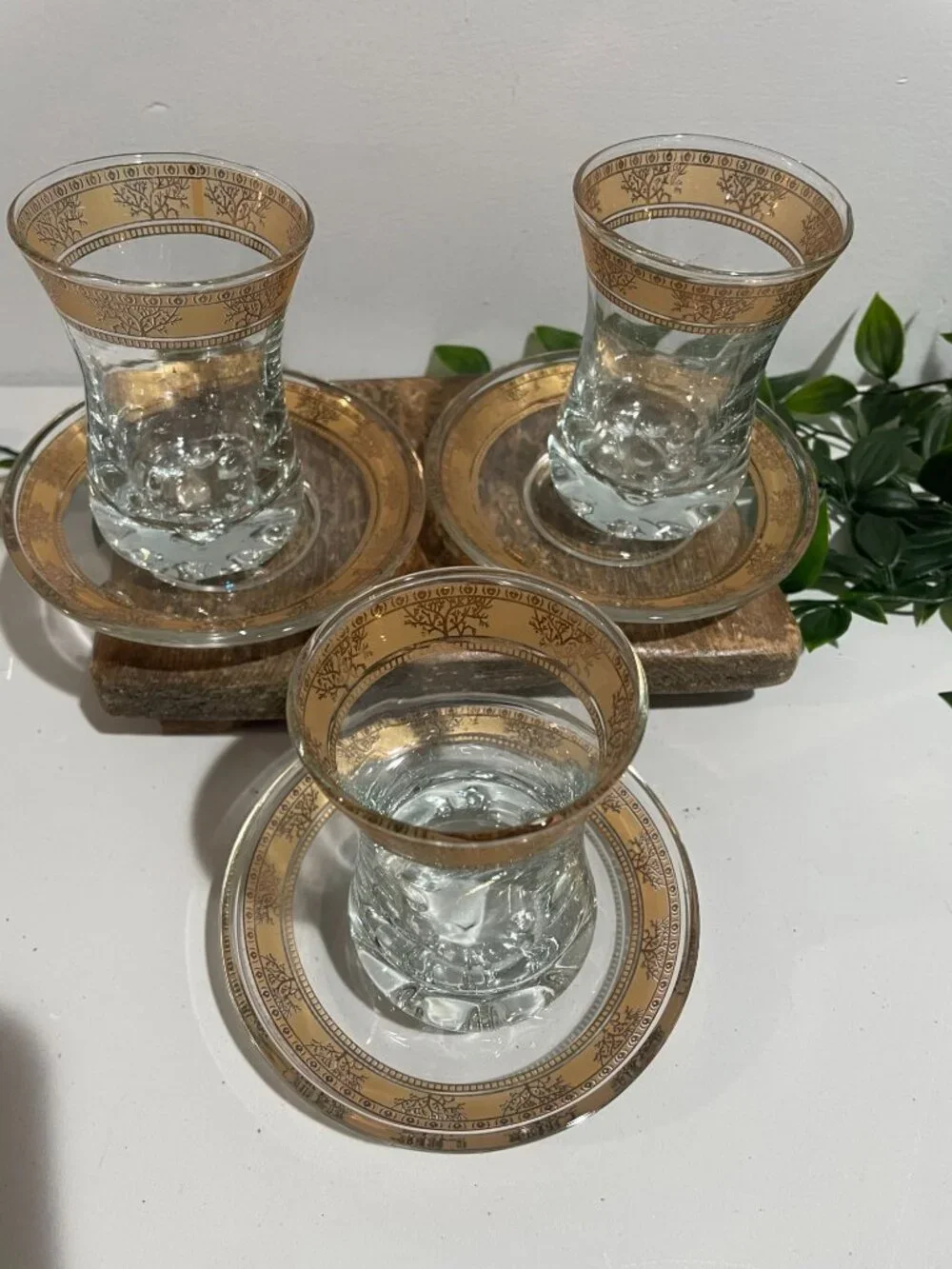Turkish Tea Glasses With Gold Trim & Matching Saucers - Elegant Design Set Of 3
